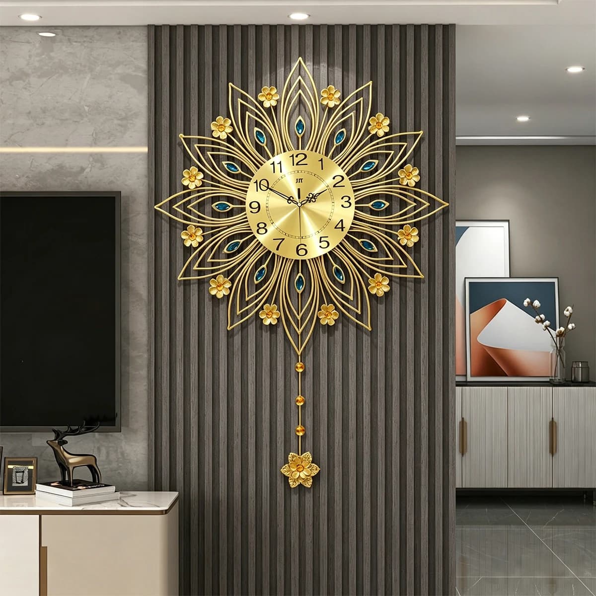 Modern Wall Clock Large Gold Wall Watch with Pendulum Silent Creative Art Decorative Clock for Living Room Bedroom Home Decor