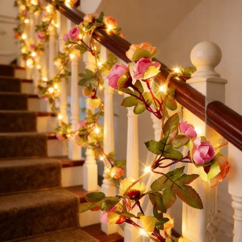 Luci a LED a forma di vite artificiale, a batteria, con foglie verdi e fiori, luci a stringa per albero di Natale, ghirlanda per matrimoni, decorazioni per la casa