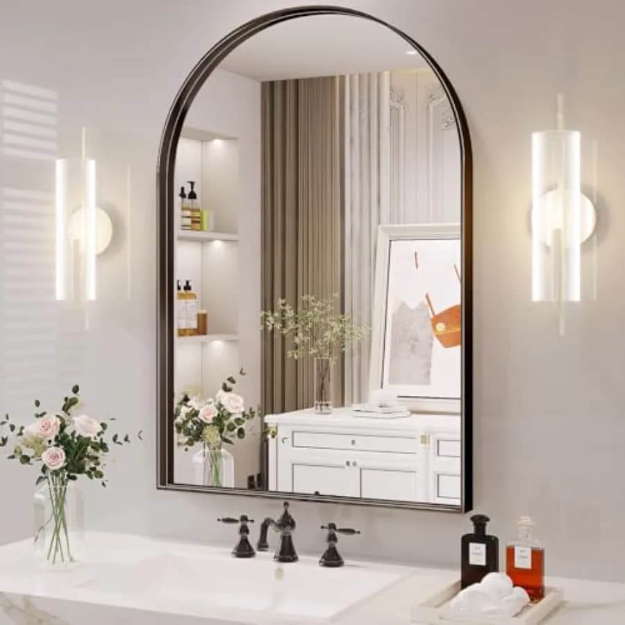 Specchio ad Arco da Parete 24 x 36 Pollici, Specchio Nero ad Arco per Bagno, Specchio da Parete Curvo con Cornice in Lega di Alluminio Nera per Vanità da Bagno