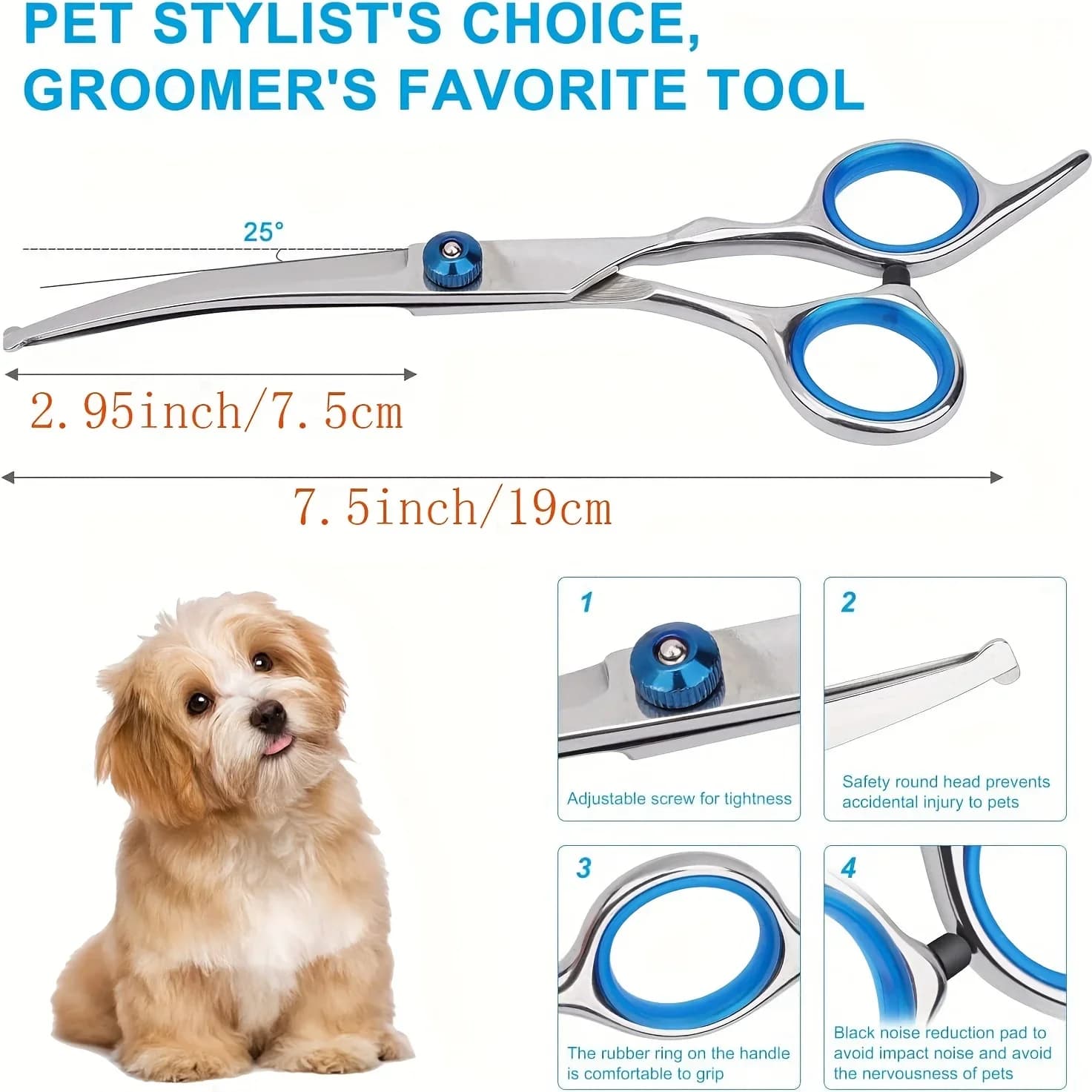 Professional Pet Grooming Scissors Set - Safety Round Head, Stainless Steel Scissors with Comfortable Grip and Adjustable Safety Pad, Perfect for Dogs and Cats, 7.5 Inches Length