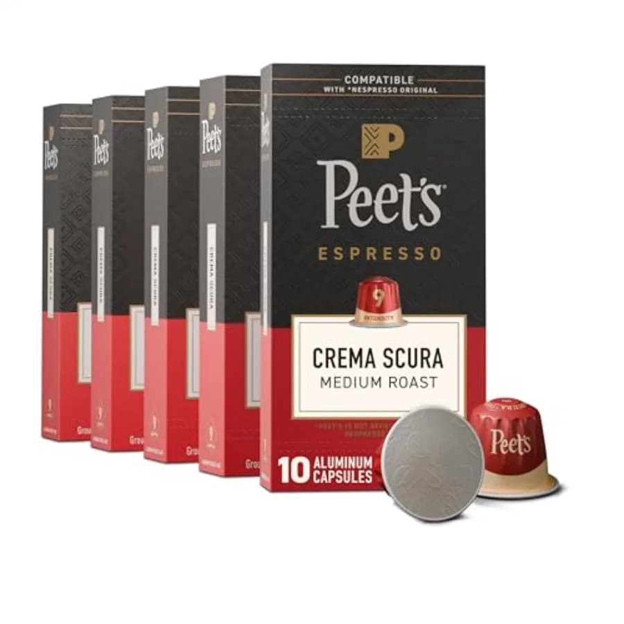 Capsule di Caffè Espresso Peet's Compatibili con Macchine Nespresso Original, 100% Arabica - Intensità 9, 50 Capsule, 5 Confezioni