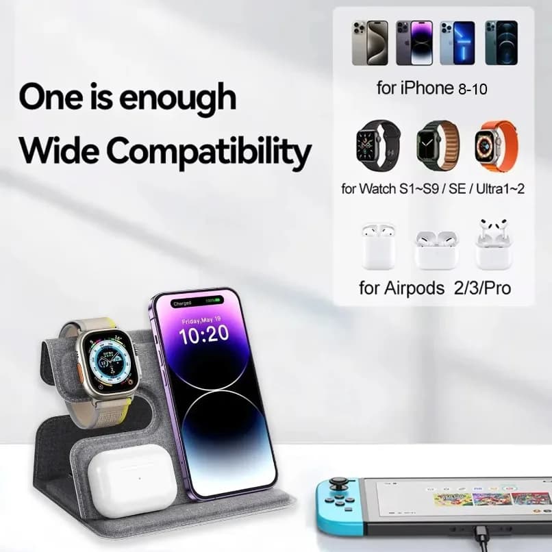 Universal Foldable 3 in 1 15W Wireless Charger Fabric Desktop Stand Dock for Phone Watch Earbuds Fast Charging Holder Office Use