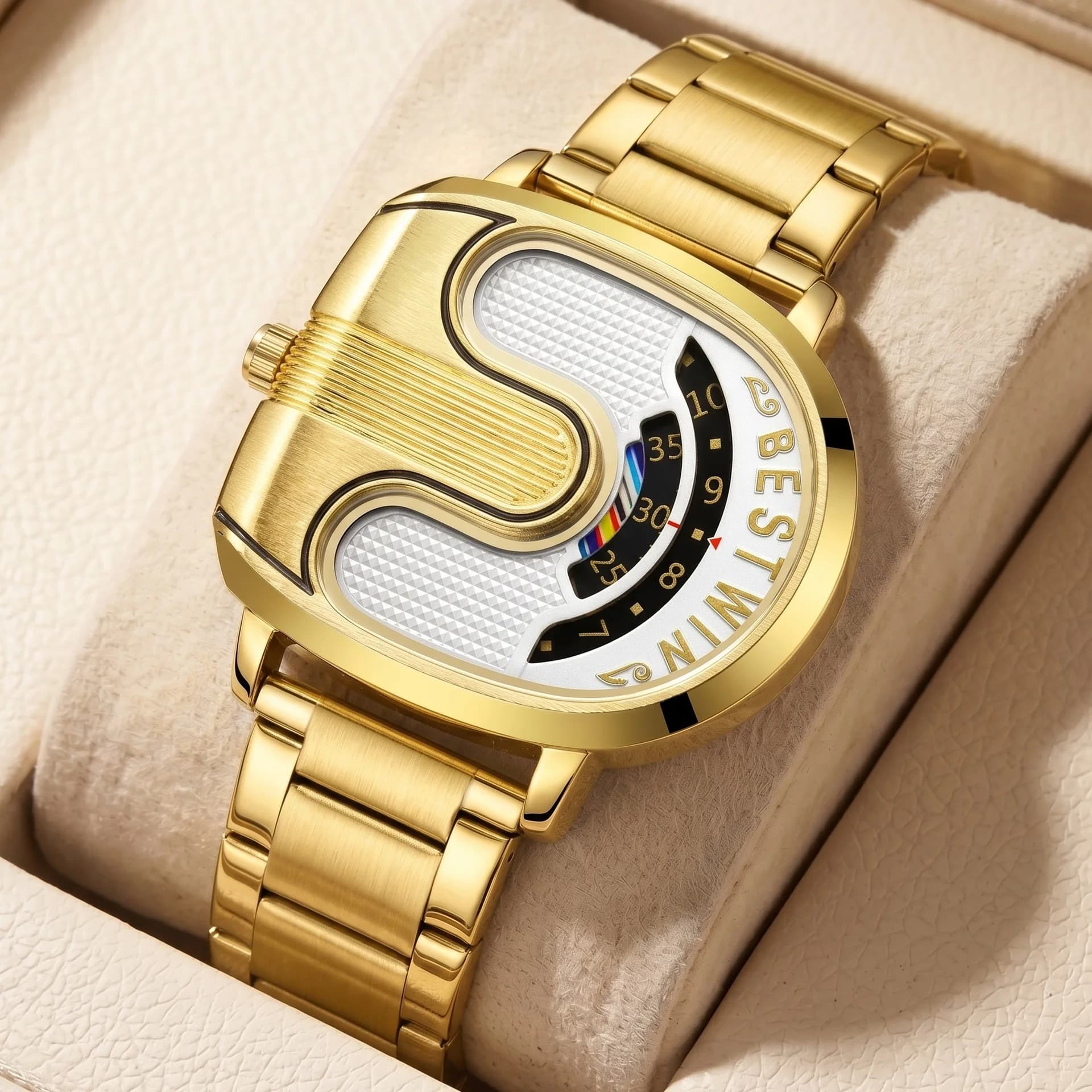 Gold Top Brand Luxury Men Watches Unique Design Stainless Steel Band Golden Dropship Relogio Masculino High Quality Male