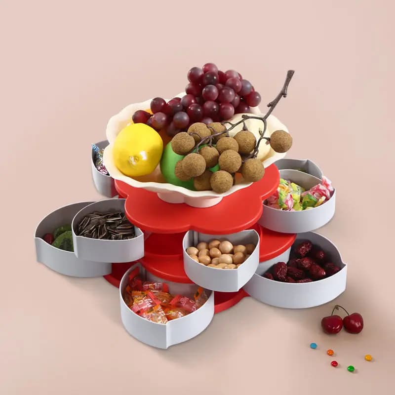 Scatola per snack rotante a forma di petalo a 2 strati Vassoio per caramelle Scatola per alimenti Scatole per frutta secca Conservazioni Piatto di frutta al melone per matrimonio