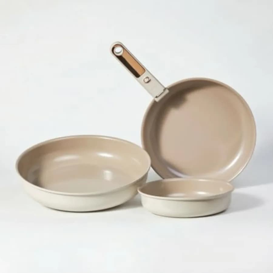 Set of 4 Ceramic Tiles Titanium 8+10+12 Dusts, Eggs and Omelets with Stackable Handle, PFOA-free Anti-Factor Brushes