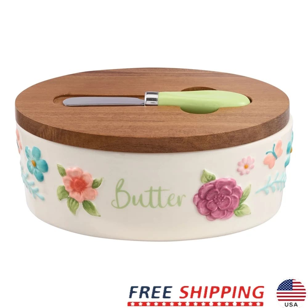 Set of lawn butter dishes painted with acacia wood lid, ceramic holders and metal flow knife, kitchen decoration and dining room
