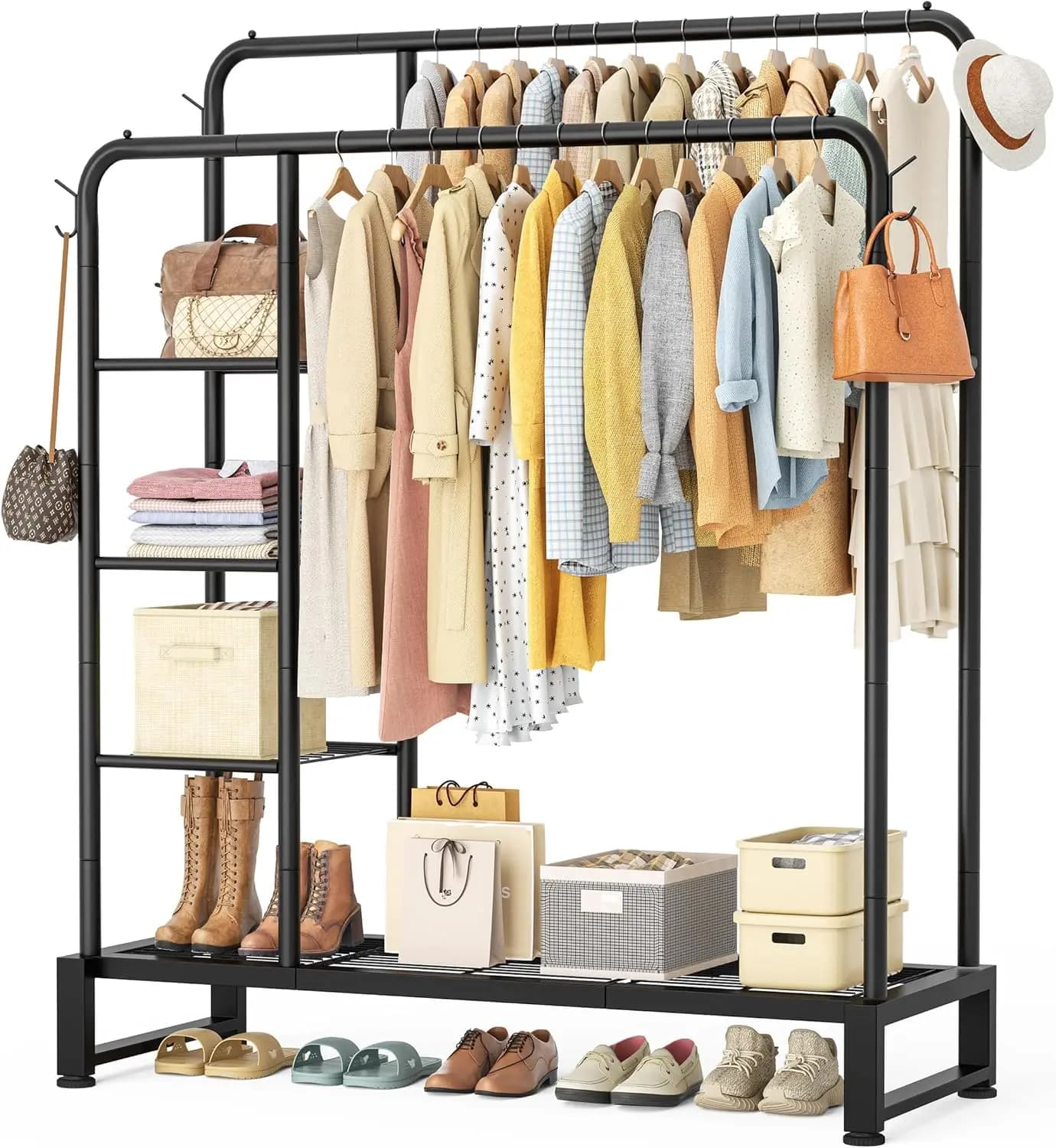 Hanger Double Rod with 4 shelves, Organizer Bedroom Resistant, Wardrobe, Shop - Black