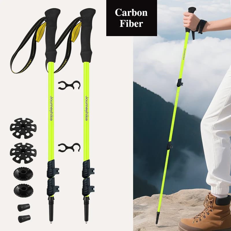 Fluorescent Yellow 3K Carbon Fiber Trekking Pole, Three-Section Telescopic Hiking Stick, Double-Pack Carbon Fiber Nordic Walking Stick