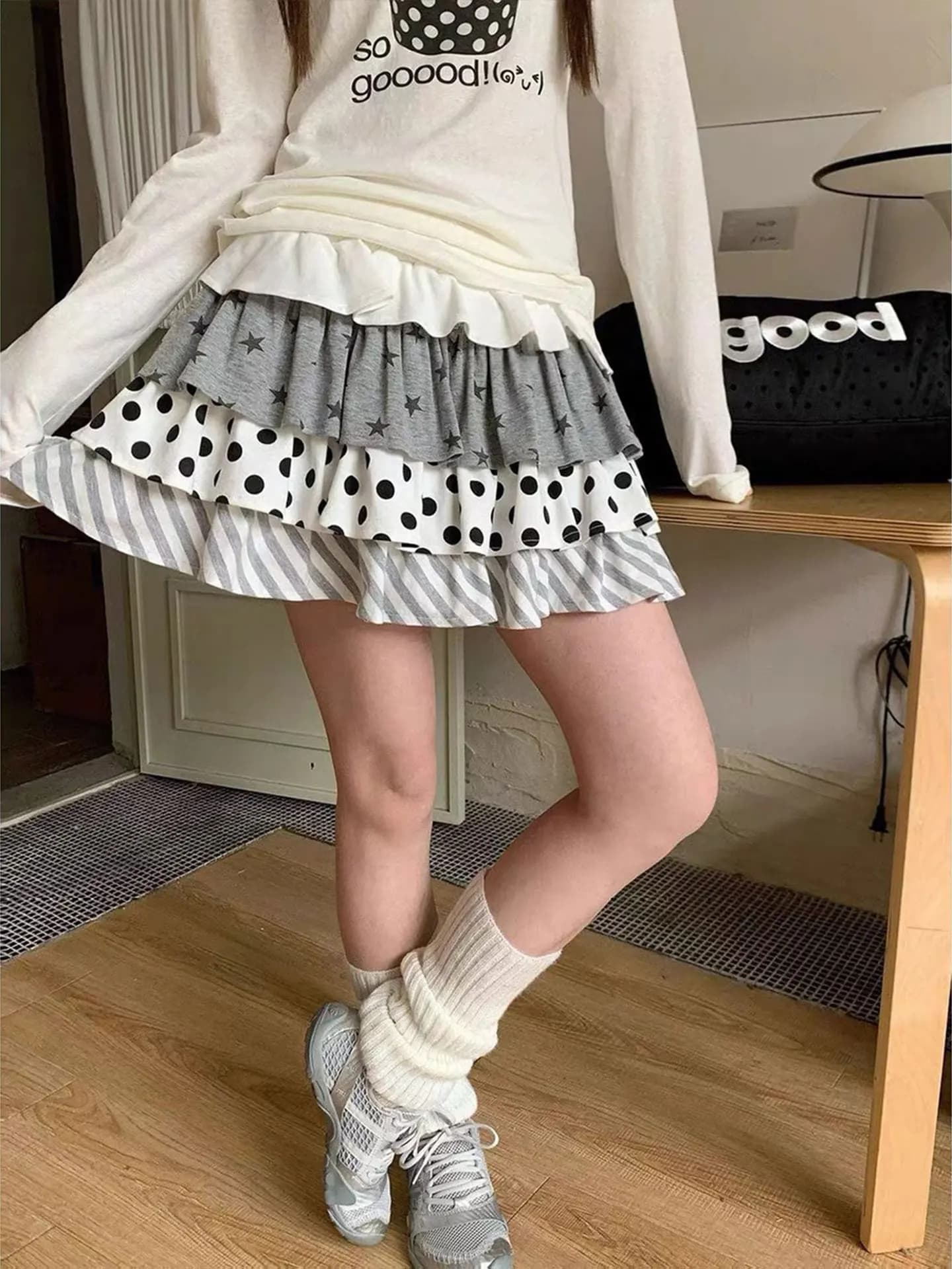 Summer Cake Skirt Women's Fluffy Patchwork Polka Dot Star Stripe Splice Short Skirt Casual High Waist Bouncing Girl Dress