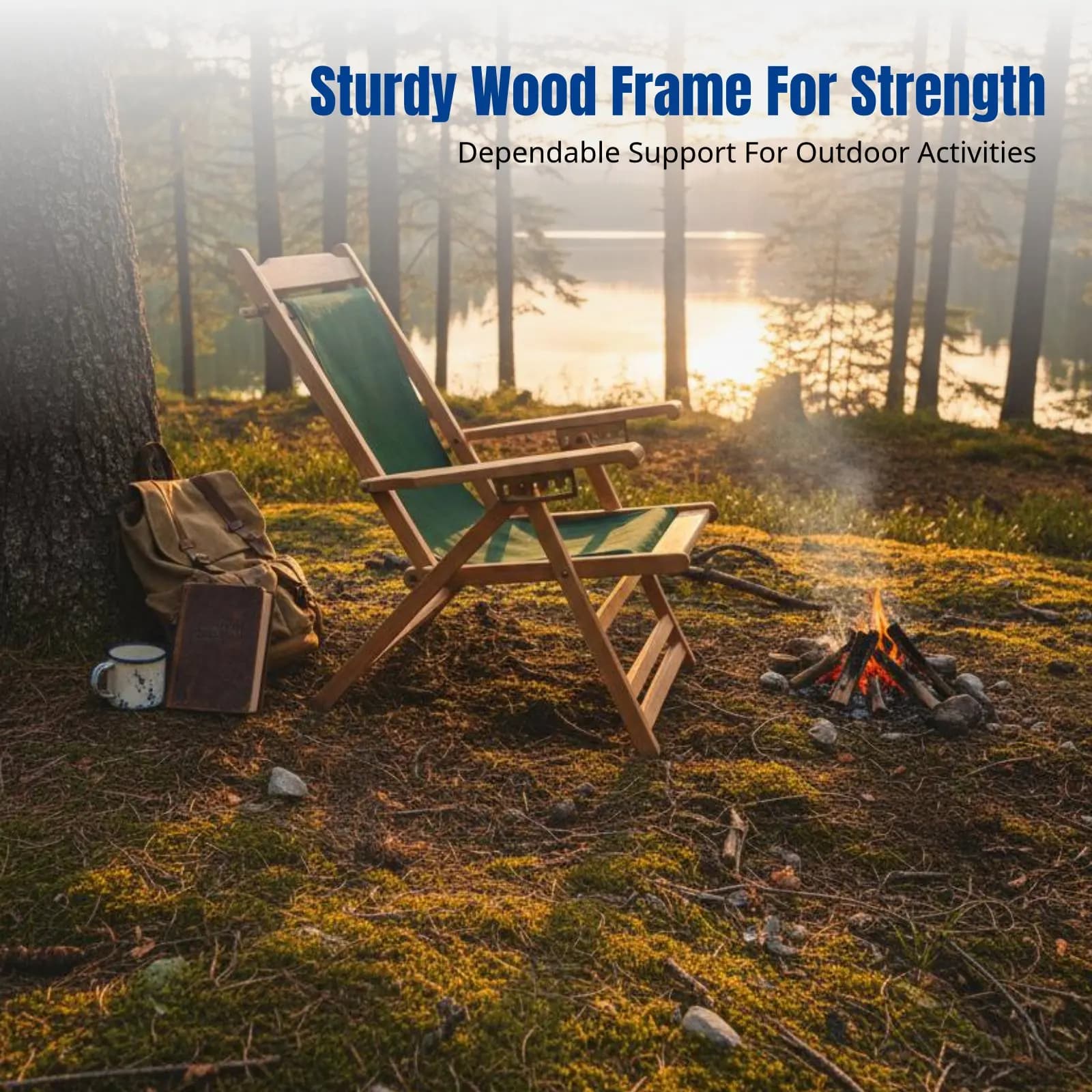 Canvas Reclining Chair, Sturdy Wood Folding Lounge Chair, Outdoor, Balcony, Beach, Elderly, Camping, Multi-position