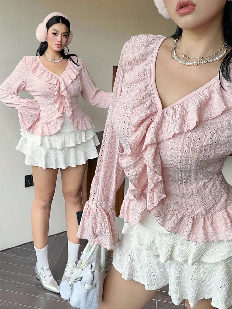 Stylish women's blouse with flared sleeves with French volant strong sizes Pink women's blouse with V neckline and Sweetheart balloon sleeves