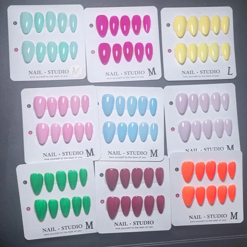 10pcs Almond Press on Nails Handmade Bright Summer Colors Orange Fuchsia Yellow Light Blue Red Acrylic False Nails Salon Look