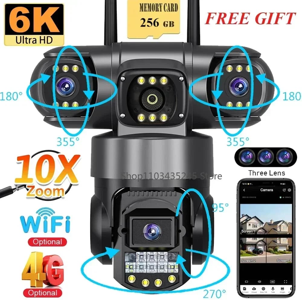 Telecamera di videosorveglianza a 3 obiettivi Telecamera CCTV di rete Wifi Scheda SIM 4G Wireless 360 Monitor Telecamere di sicurezza impermeabili per esterni