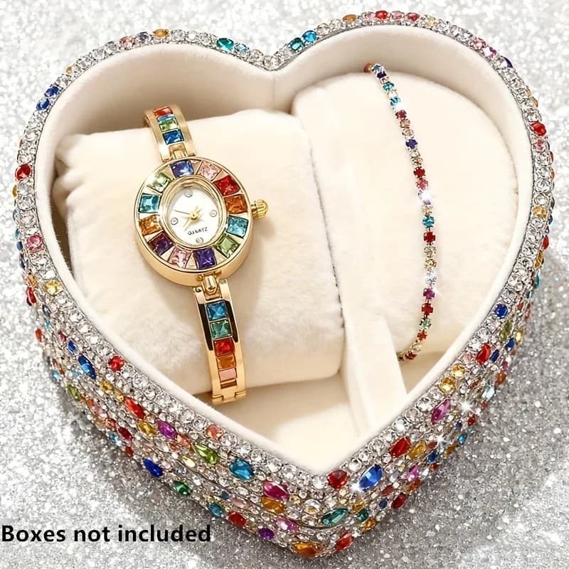 2pcs Elegant Colorful Rhinestone Women Quartz Watch Bracelet Set Fashio Oval Dial Quartz Wristwatch Jewelry Gift（Without Box）
