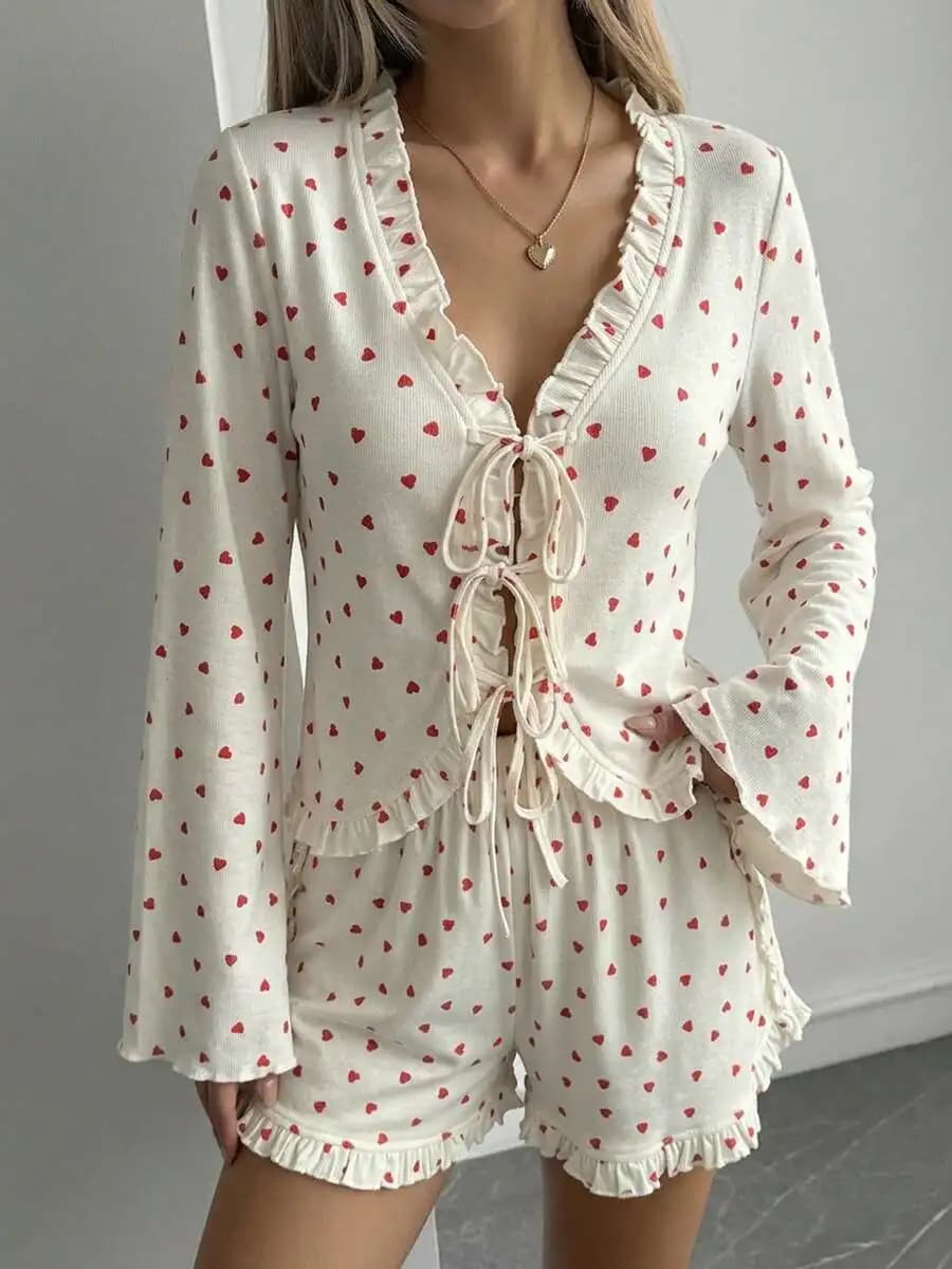 Women Heart Print Ruffle Trim Tie Front Crop Top And Shorts Pajama Set