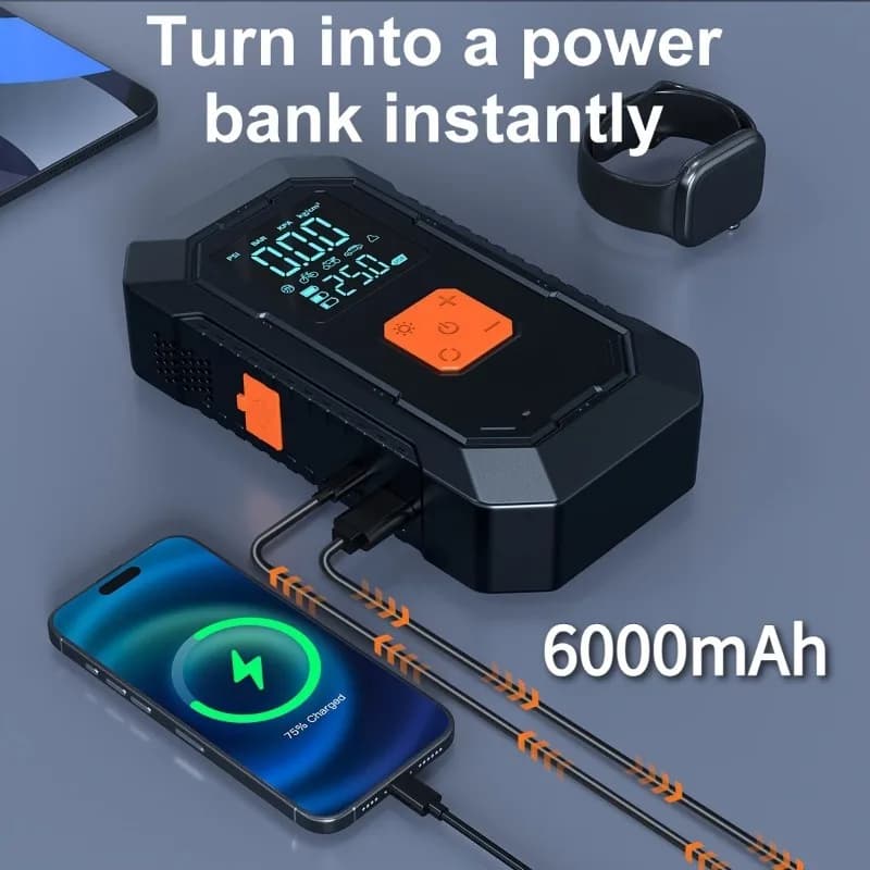 Power Bank da 6000 mAh, con avviamento di emergenza per auto e torce a LED, gonfiatore per pneumatici senza fili, per tutti i veicoli diesel a gas o da 10,0 litri