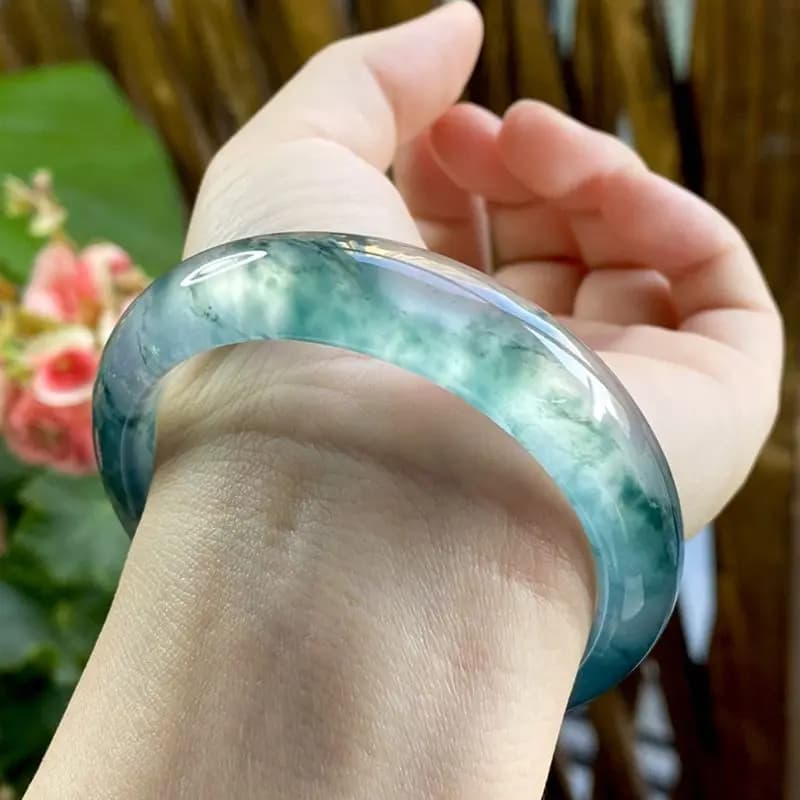 Bracciale in giadeite naturale, verde scuro, con fiore galleggiante, verde chiaro e luminoso, bracciale in giada giadeite