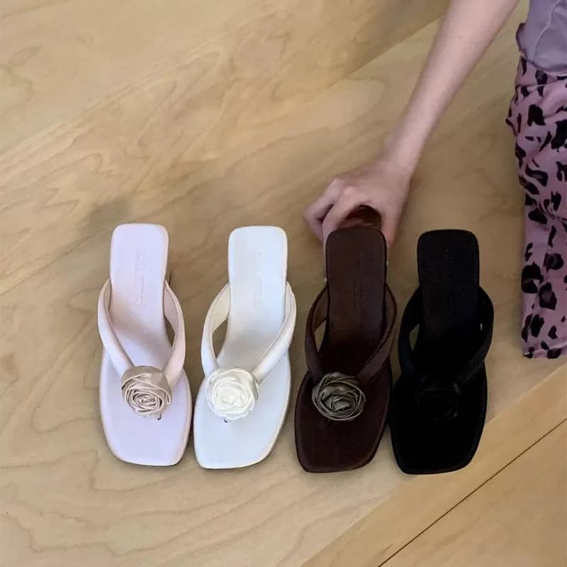 Elegant Rose Flower Bone Bud Clip Toe Slope Heel Cool Mop Summer Women's Sandals Plus Size Women's Shoes