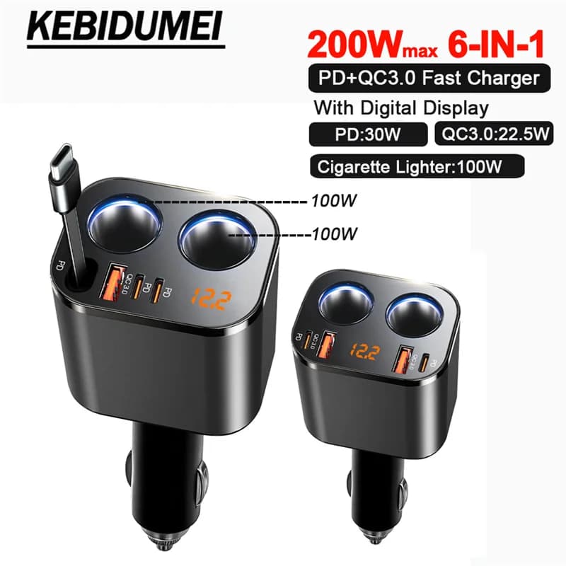 Caricabatterie da Auto Retrattile 6 in 1 con Doppia Porta USB PD QC3.0, 200W Max, Adattatore Accendisigari 100W con Display Digitale della Tensione