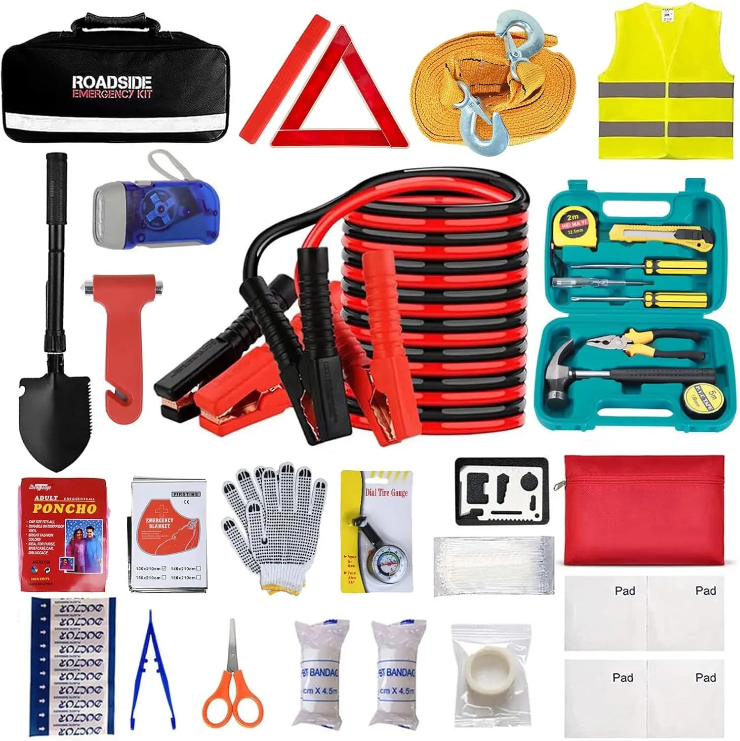 Kit di attrezzi stradale di emergenza per auto con cavo di ponticello, pala, pronto soccorso per la sicurezza automobilistica