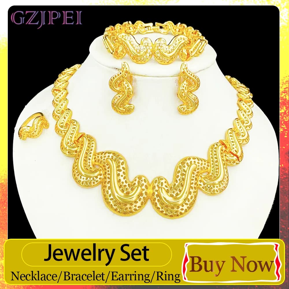 GZJPEI Dubai Luxury 18K Gold Plated Jewelry Set Wave Hollow Necklace Earrings Bracelet Ring For Africal Bridal Wedding Jewelry