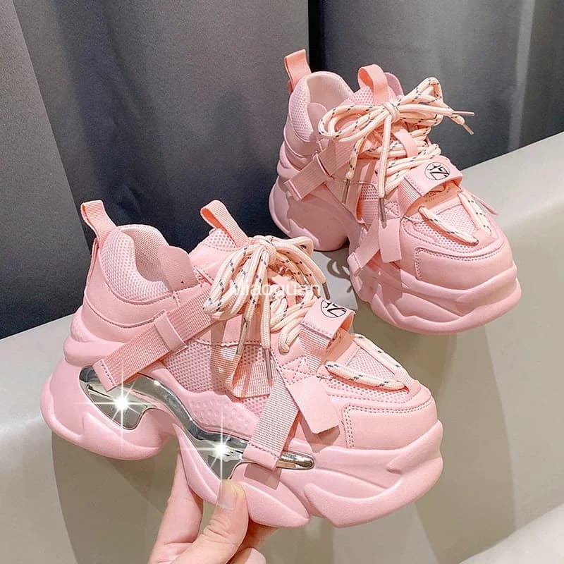 Platform Sports Shoes Tennis for Women Chunky Sneakers Thick Bottom Female Pink White Spring Autumn Vulcanized Shoes Lace-up PU