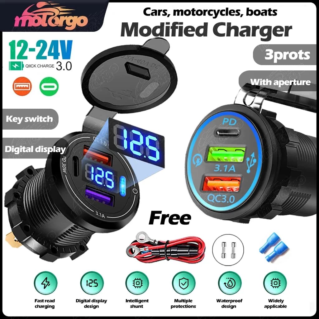 USB 12/24V dual PD3.0 socket charger and USB car port QC3.0 with LED voltmeter and on/off switch charging station for automatic vehicles