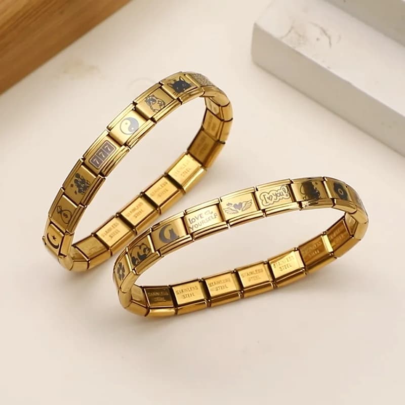 Wholesale Golden Laser Engraving Taichi Love Cute Cats Italian Charm Links Fit 9mm Bracelet Stainless Steel Men Women DIY Making