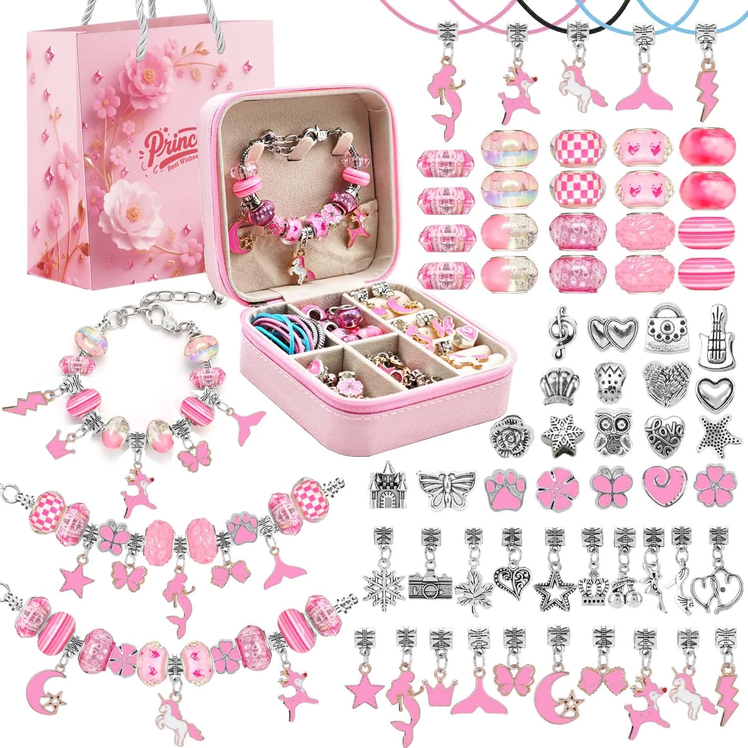 Set of jewelry with 68 pieces pink beads, set to make bracelets with pendants with pink jewelry, for birthday, Christmas, Chinese New Year's jewelry