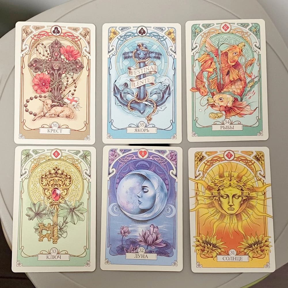 Mazzo di oracoli Lenormand romantico da 10 * 6 cm in lingua russa Motivi floreali dell'arte Nouveau Style 37 carte