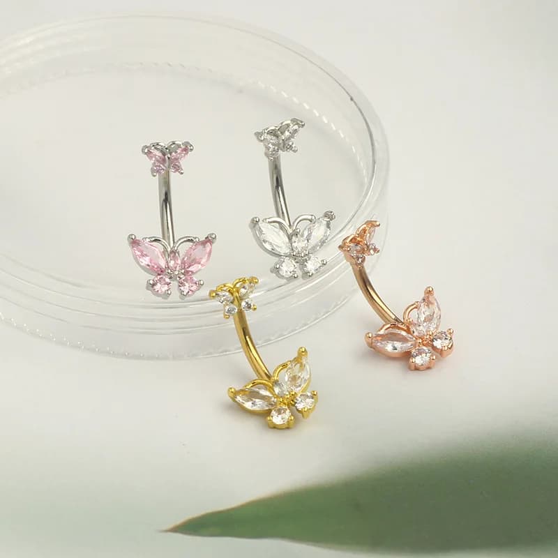 1 pezzo Anello per ombelico a forma di farfalla rosa in acciaio inossidabile, nuovo piercing per ombelico in acciaio inossidabile con zirconi, stile Europa e Stati Uniti