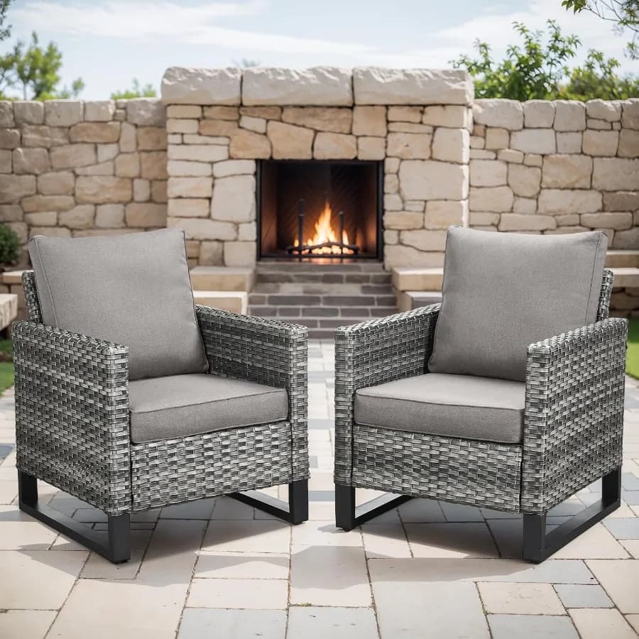 Rilyson outdoor garden chairs, set of 2 rattan chairs with comfortable waterproof wicker cushions and sturdy metal