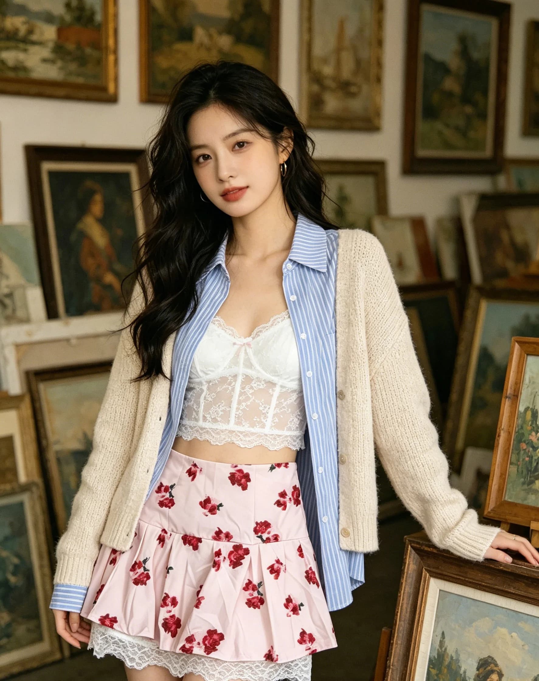 Sweet and Spicy foundation make-up Red Flower Lace Patched Short Skirt High Waist Pleated Design Slim Show Leg Length Pure Desir