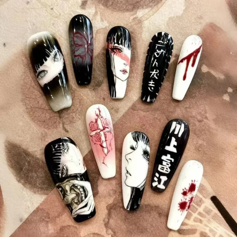 10 pezzi di unghie finte stile scuro dolce e tagliente Unghie antidolorifiche Punte per unghie a pressione ispirate all'anime Regalo perfetto per ragazze e amici