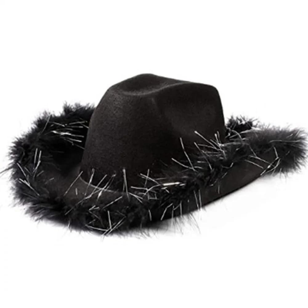 Retro Solid Color Western Cowboy Hat Furry Trim Ethnic Style Jazz Hat Punk Cap Cowgirl Hat Costume Accessories
