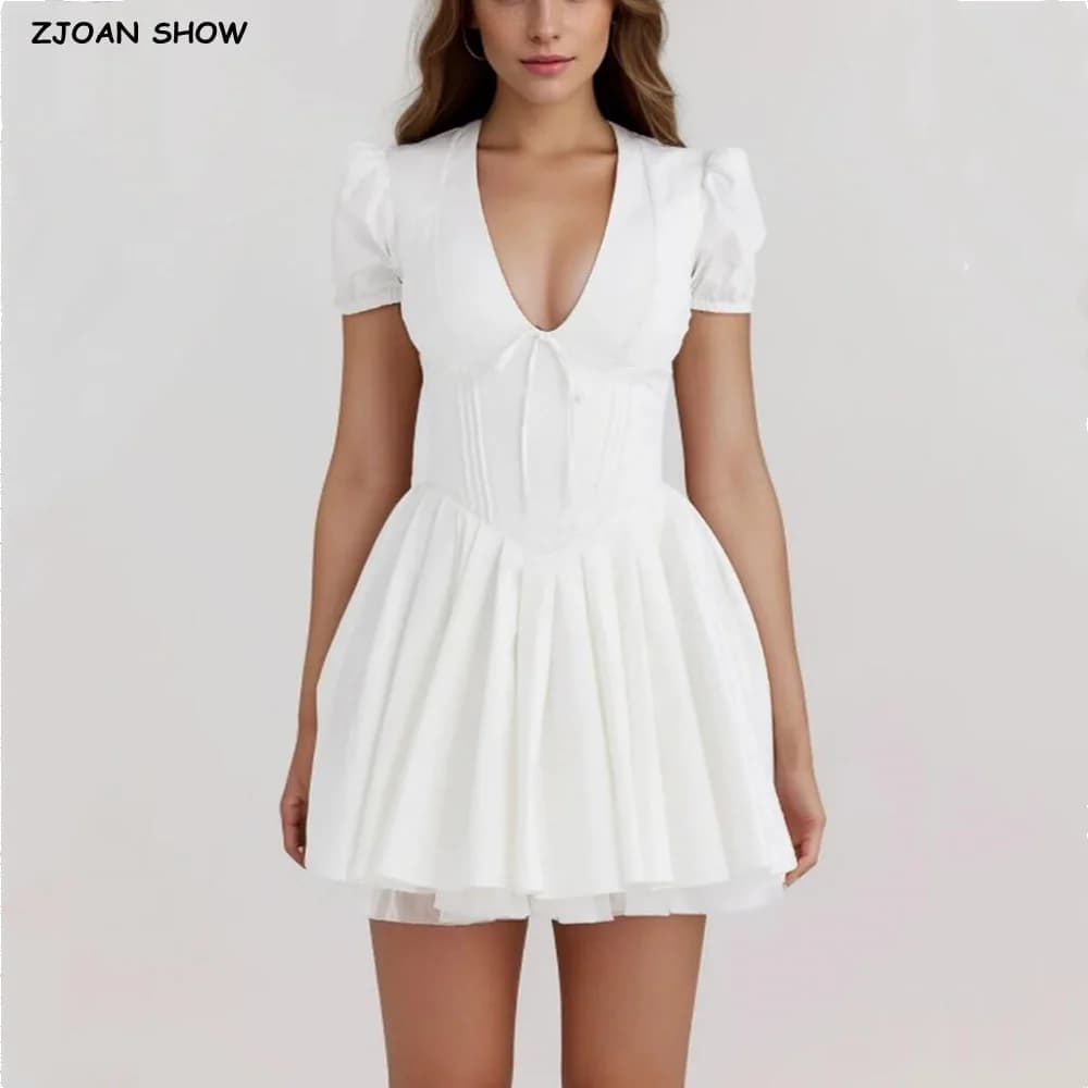 2024 Sexy bianco scollo a V petto basso stile corsetto Mini abito manica corta a sbuffo donna increspato orlo pieghettato abito da ballo Robe