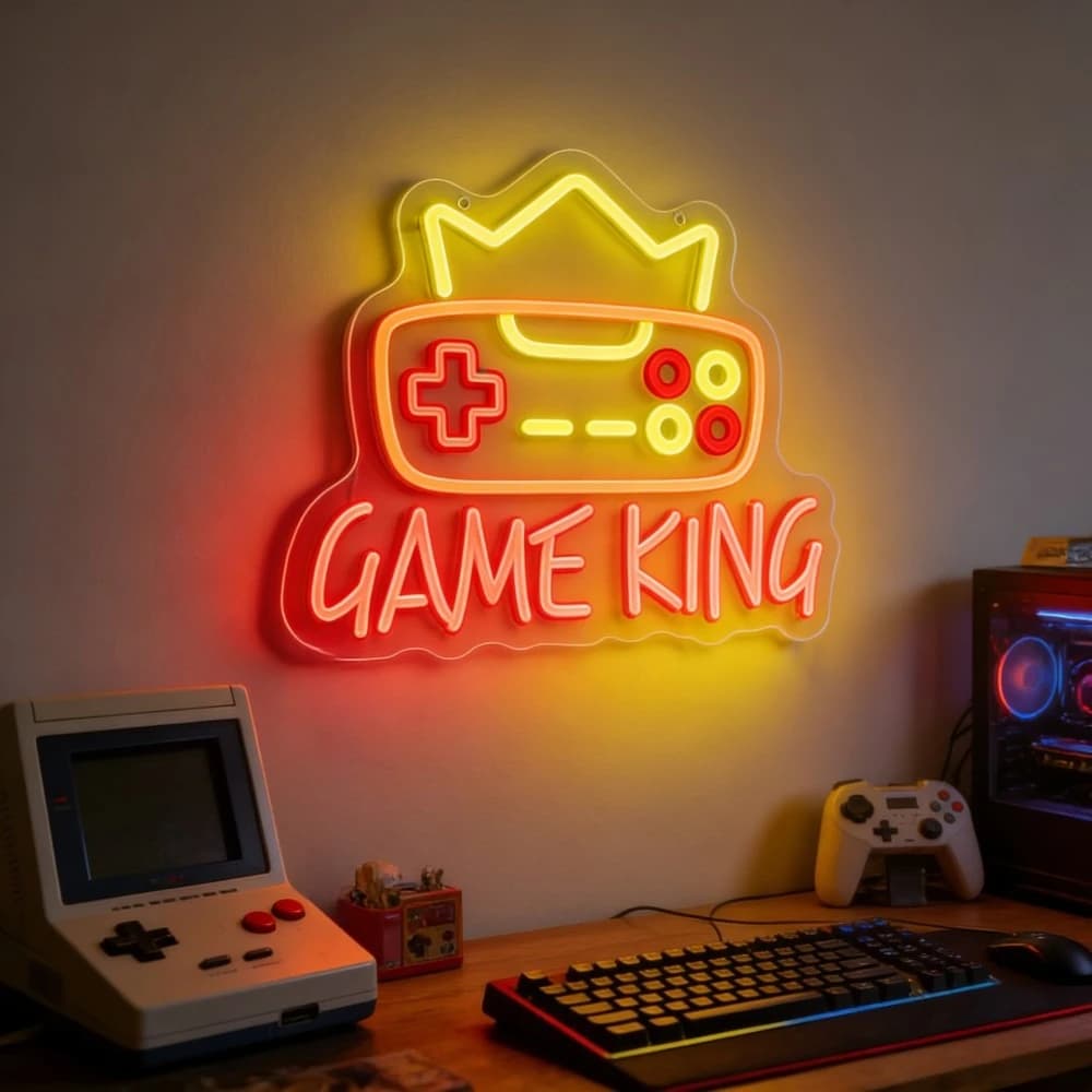Insegna LED Neon Game King: Simbolo della Vittoria per Sala Giochi, Camera da Letto, Decorazione Retrò per Gaming, Arte da Parete, Decorazione Domestica