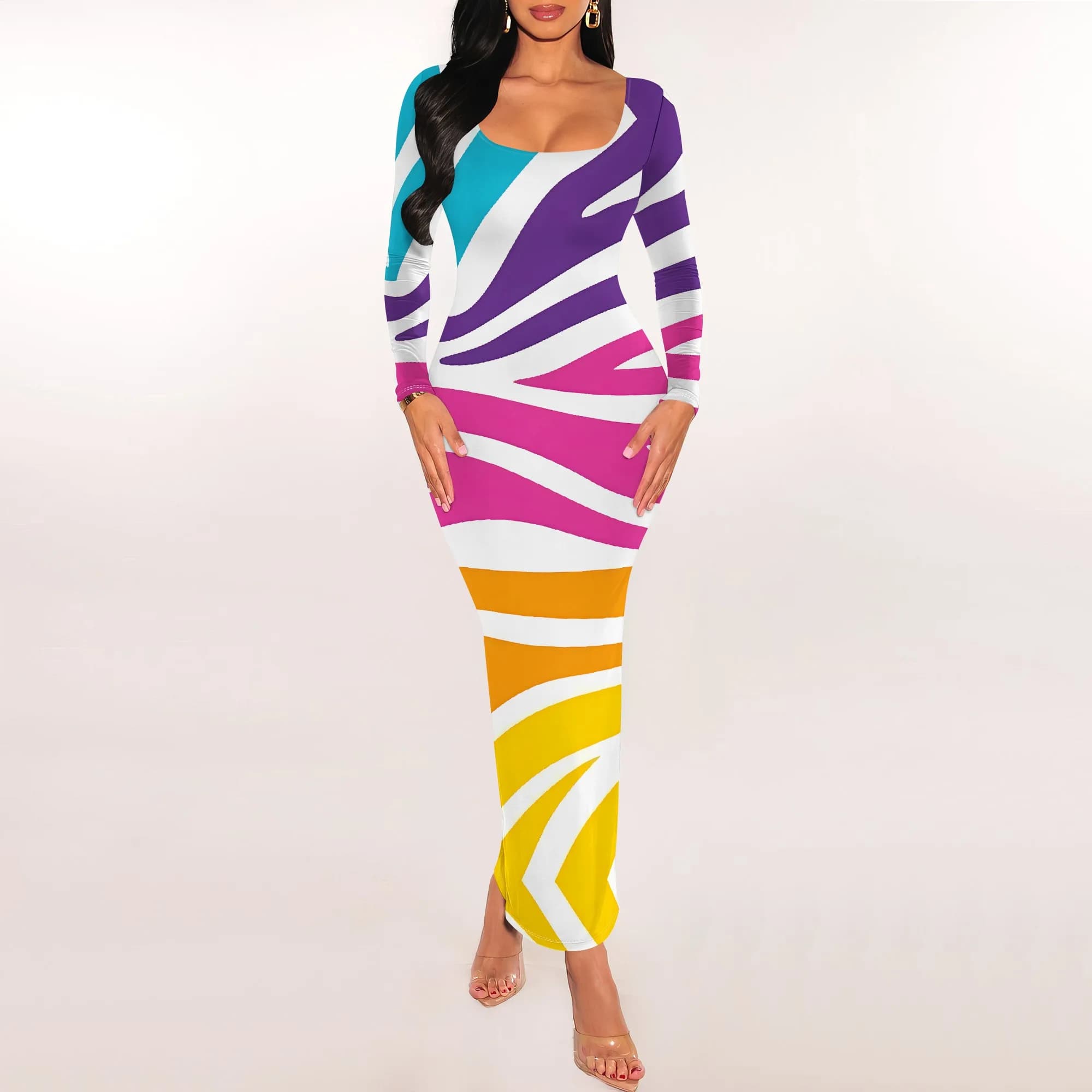 Abito lungo aderente con stampa a onde arcobaleno, manica lunga, scollo rotondo, look sexy da club estivo