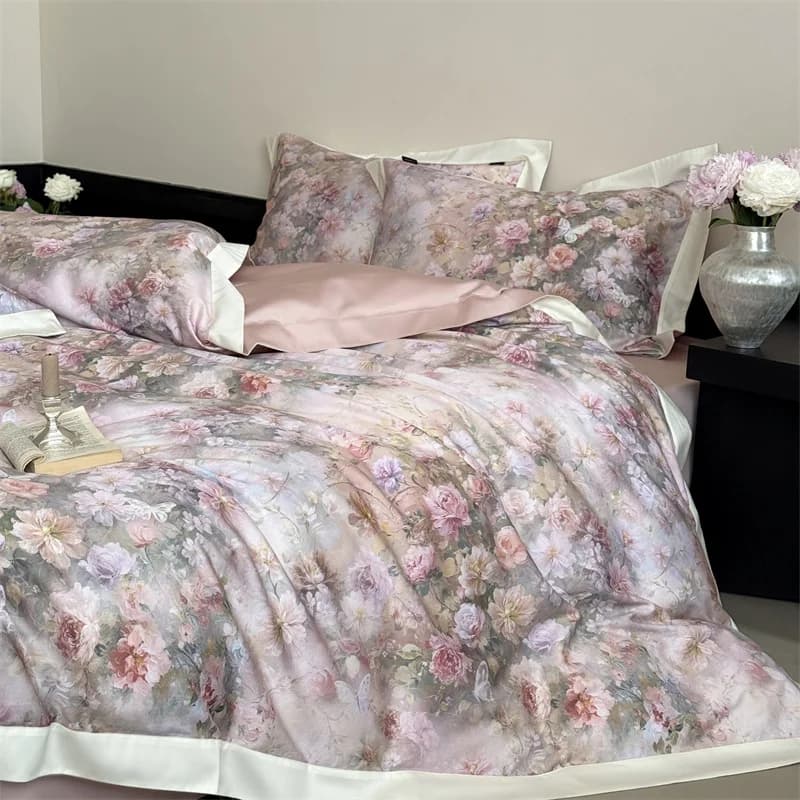 600TC Egyptian Cotton Vintage Rose Flowers Print Bedding Set Queen King Size Duvet Cover Flat/Fitted Sheet Pillowcases 4Pcs