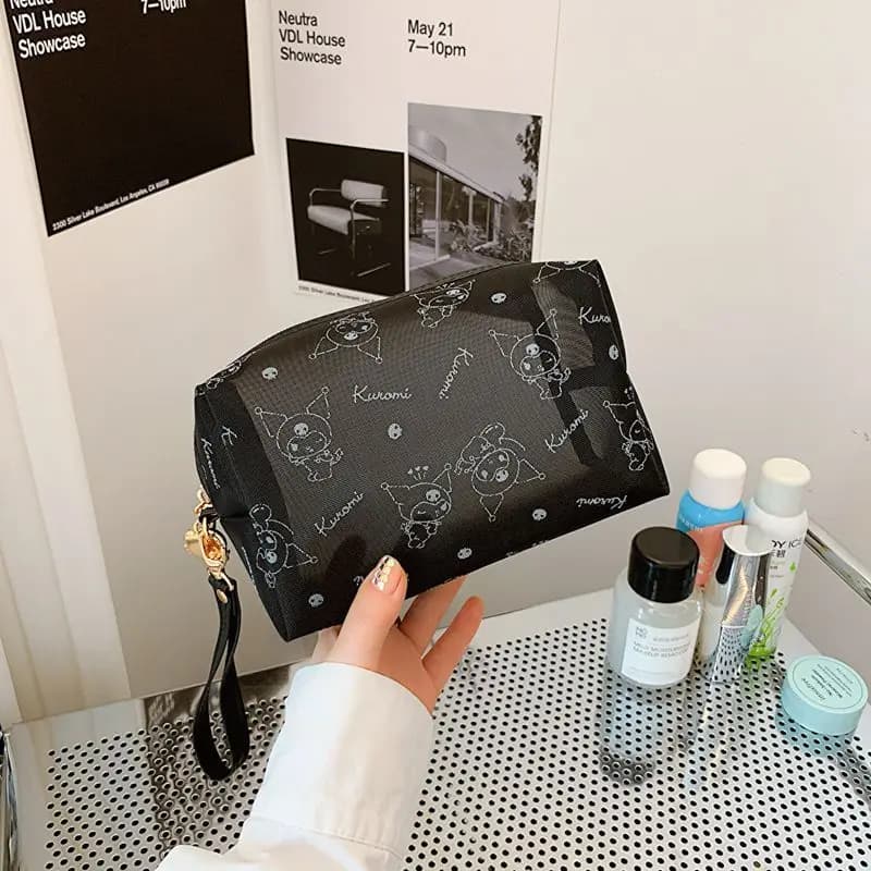 Borsa per cosmetici in rete con stampa di cartoni animati, borsa per il trucco Kawaii, organizer da viaggio per articoli da toeletta, borsa per cosmetici da donna, astuccio di lusso per rossetti