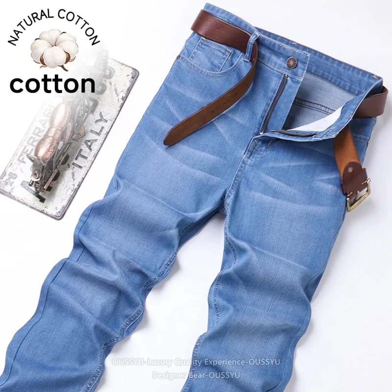 2026 New Summer Thin Breathable Light Blue Jeans Men Cotton Business Slim Casual Denim Pants Work Korea Trouser Man Plus Size 40