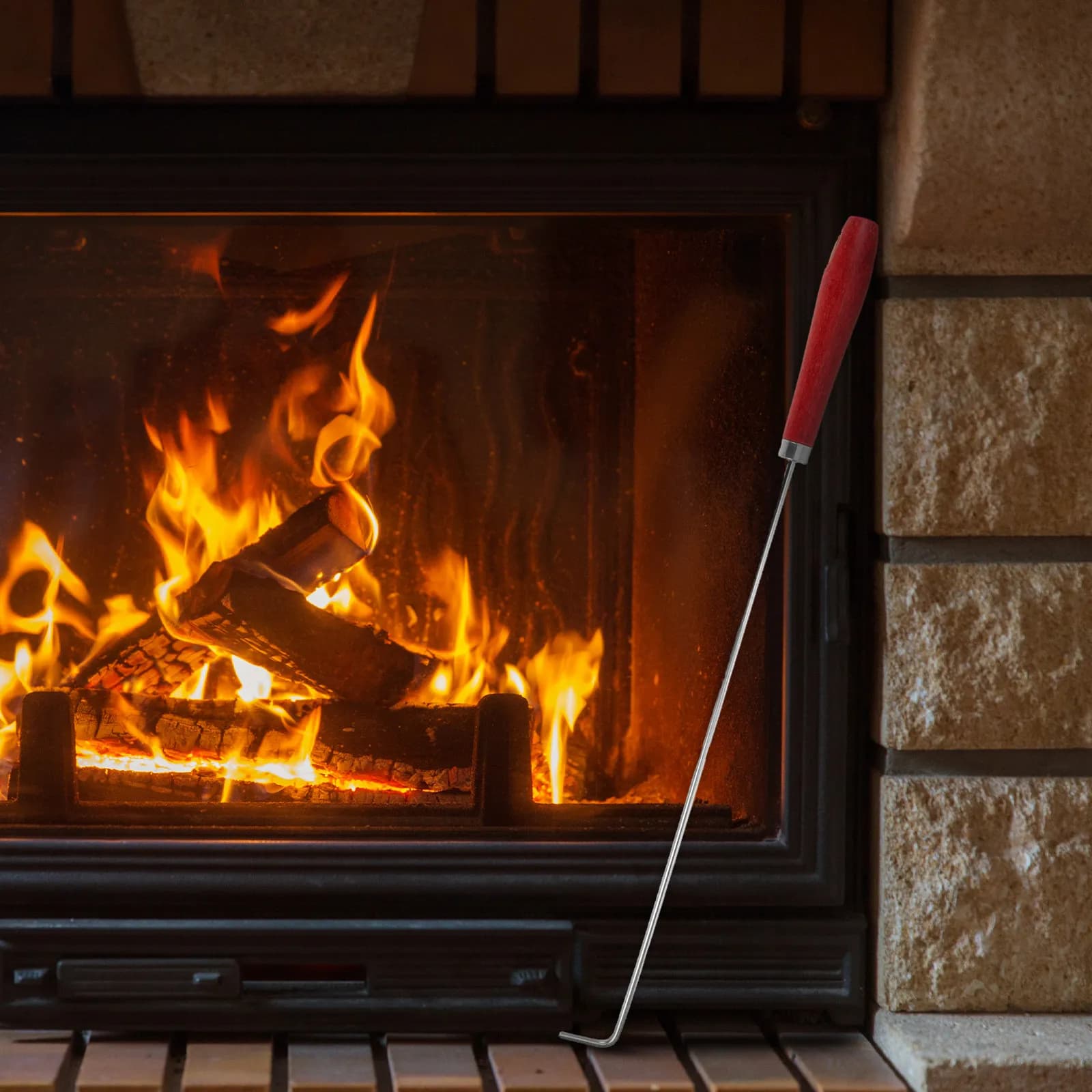 2 Pezzi Bacchette per Caminetto in Acciaio Inossidabile con Manico in Legno da 50 cm, Accessori Resistenti per Braciere, Stufa da Campeggio e Falò all'Aperto