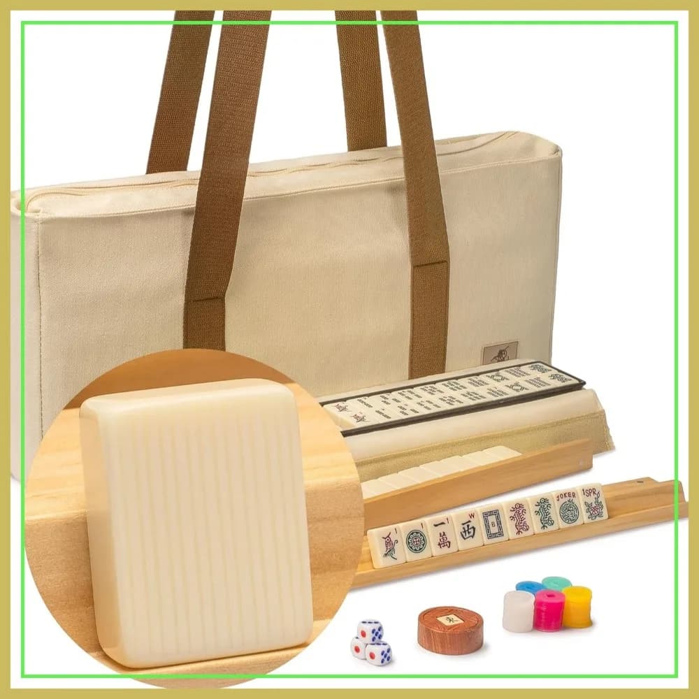 Set Mahjong Americano, Strisce Avorio - 166 Tessere con Valigetta Beige, Supporti in Legno, Monete per il Punteggio, Dadi, Indicatore del Vento