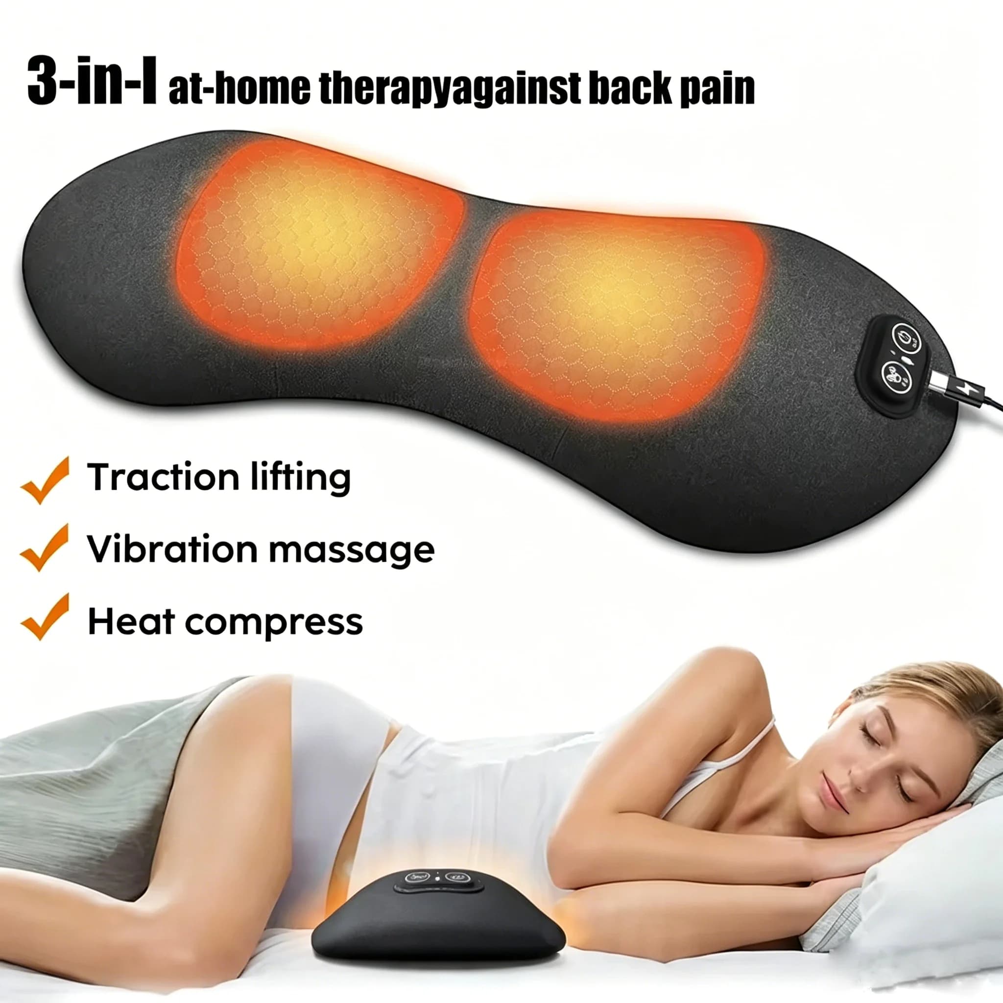 3 in 1 Electric Lumbar Support Pillow with Adjustable Height Lying Flat Waist Relief Waist Support Waist Pillow Heating Vibratin