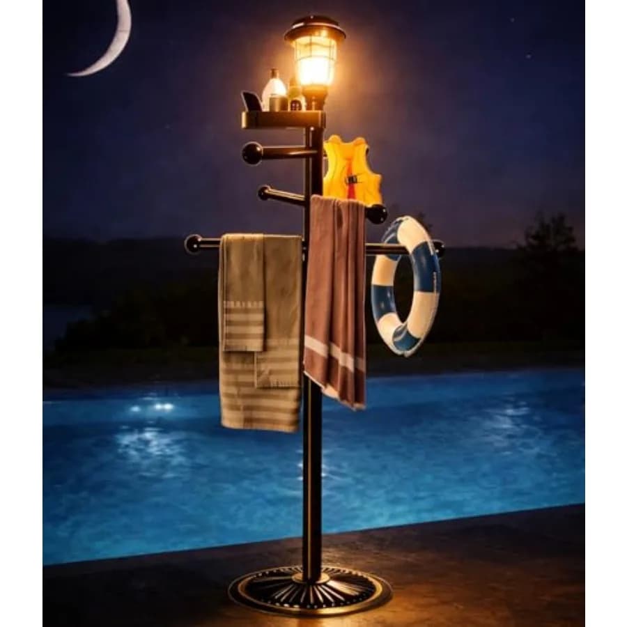 Portasciugamani da esterno per piscina con luce solare, 6 barre con vassoio superiore, accessori per piscina in metallo resistente con base in metallo pesante, per vasca idromassaggio A