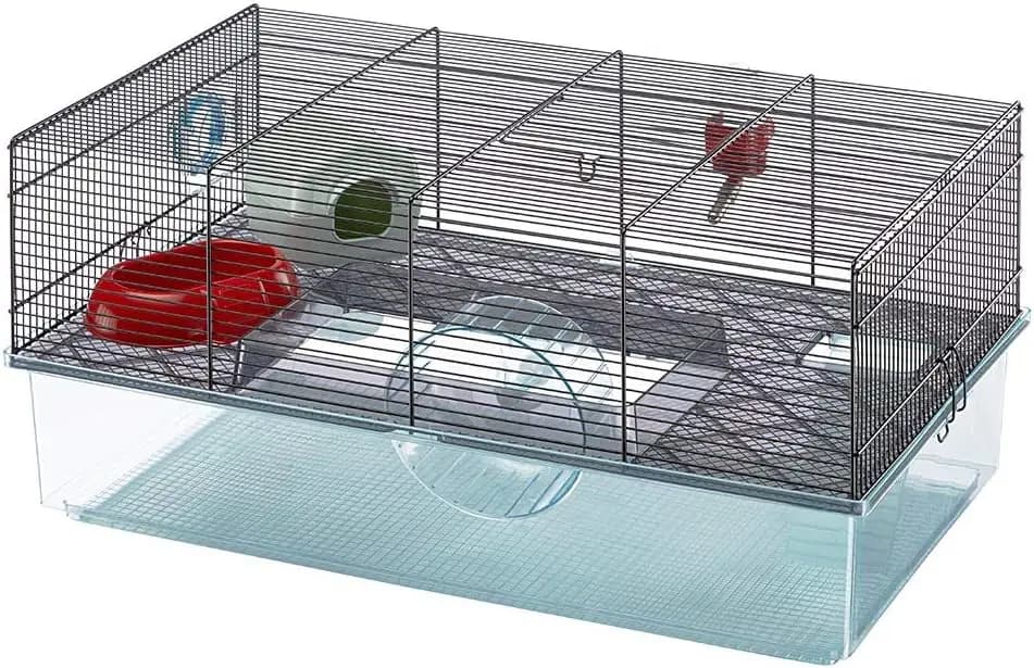 Gabbia Grande per Criceti a 2 Piani, Include Ruota, Bottiglia d'Acqua, Ciotola per Cibo e Nascondiglio, 60x37x30 cm