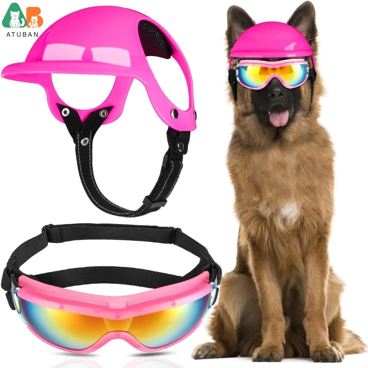 ‌ ATUBAN Set casco e occhiali per cani: protezione UV, equipaggiamento di sicurezza per moto con cinturino regolabile e fori per le orecchie per cani di piccola/media/grande ‌