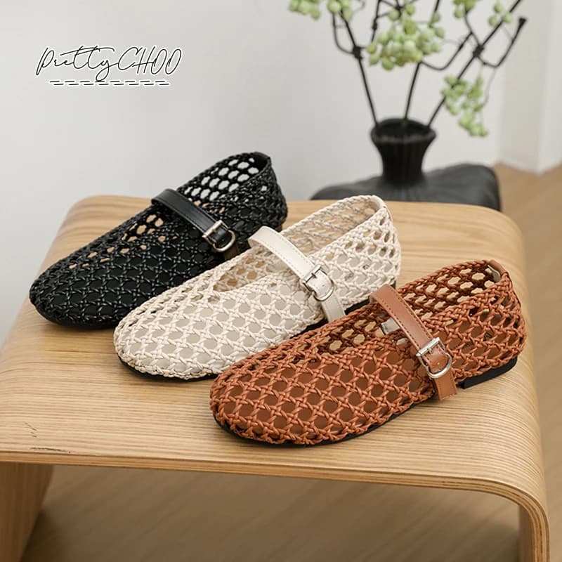 Chic Brand Design Leather Weaved Ballet Flats Woman Hollow Out Fishnet Mary Jane Shoes Ladies Summer Breathable Shallow Loafers