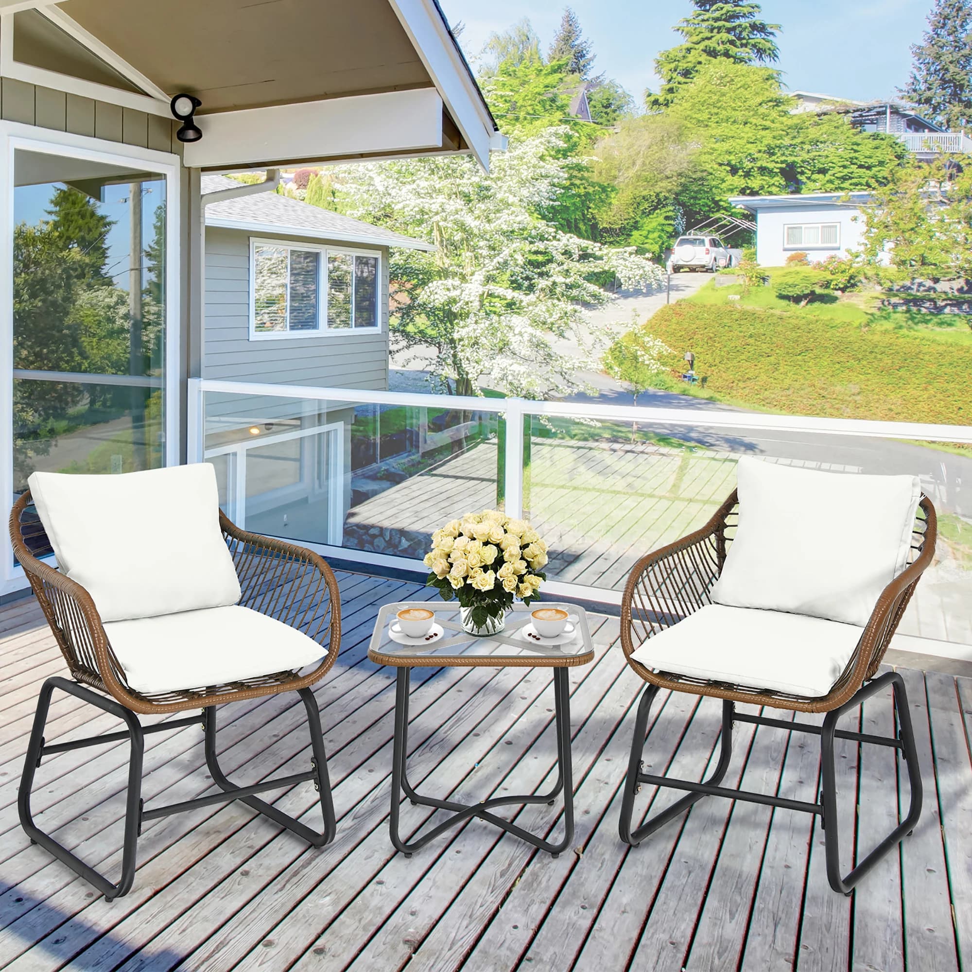 3 pezzi Patio Rattan bistrot Set sedia imbottita tavolo in vetro Deck bianco