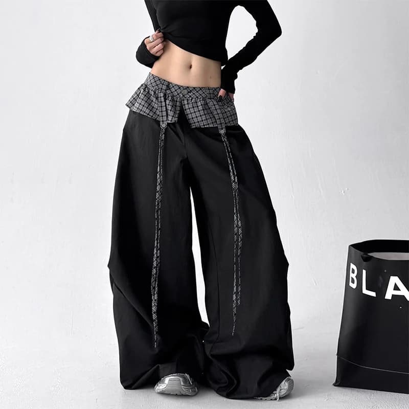 Jeans Larghi da Donna in Denim di Cotone Stile Y2K Giapponese Vintage 2026, Pantaloni Casual con Patchwork Nero
